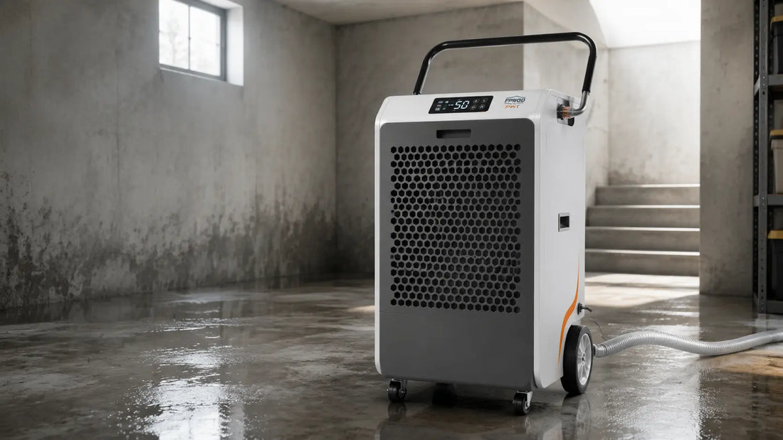 Prikod DH series commercial dehumidifier running in dry damp basement, auto defrost & built-in pump | Best industrial moisture removal unit for crawl space 2026