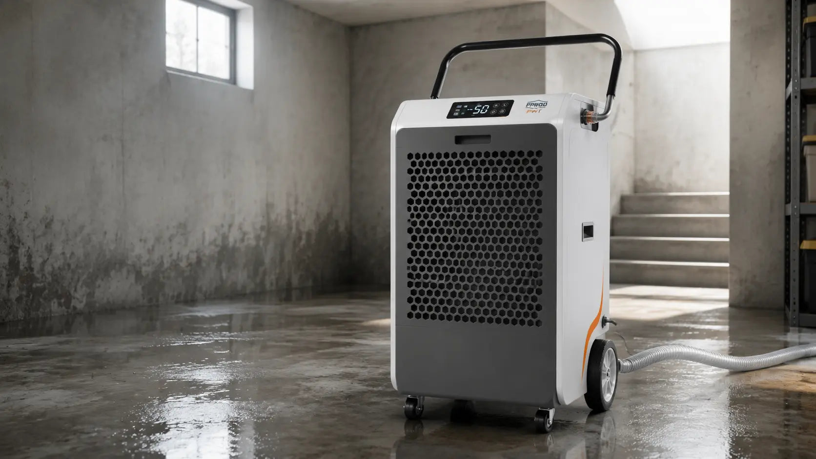 Prikod DH series commercial dehumidifier running in dry damp basement, auto defrost & built-in pump | Best industrial moisture removal unit for crawl space 2026