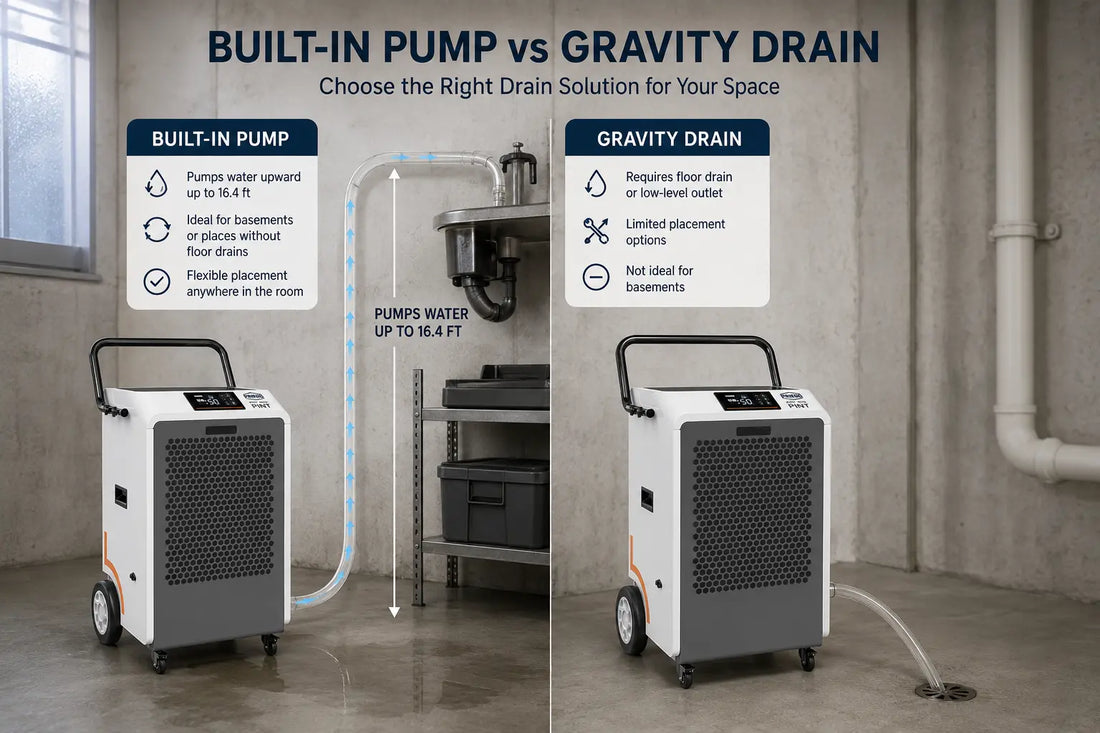 Built-In Pump vs Gravity Drain Dehumidifiers — Which drainage option fits your basement, warehouse or crawl space