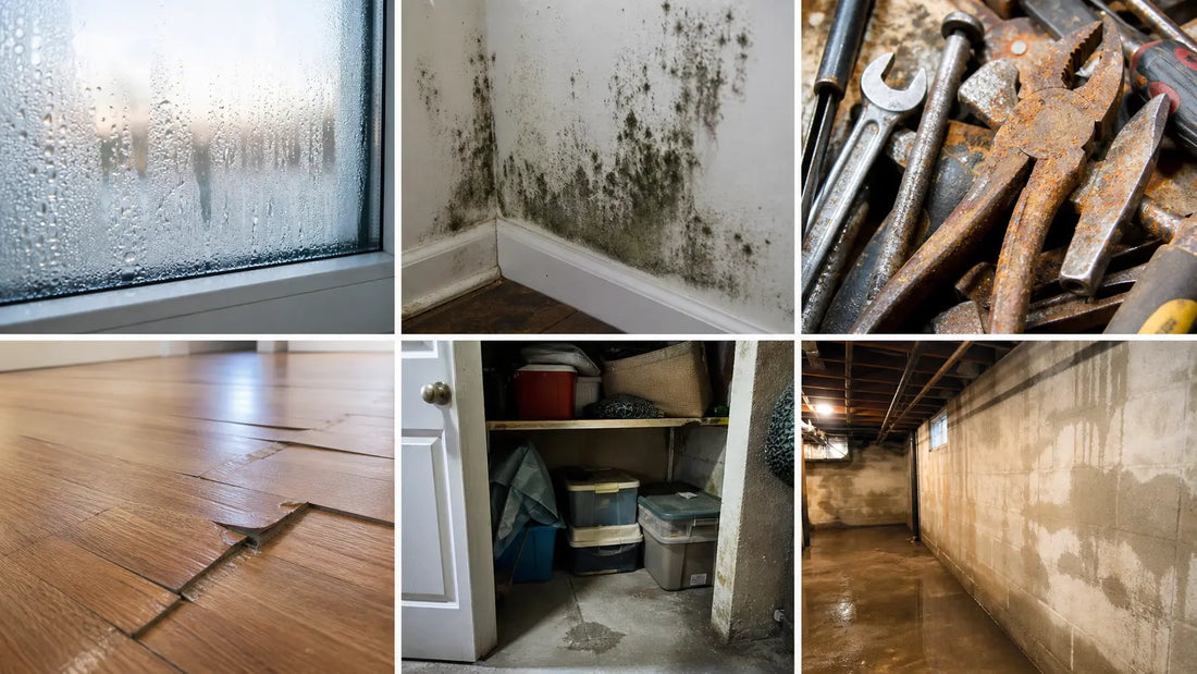 Side-by-side comparison photo showing condensation on basement pipes and small mold spots caused by uncontrolled high indoor humidity in residential spaces