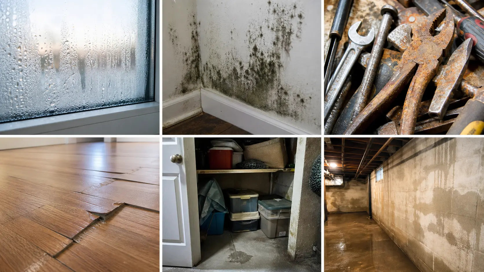 Side-by-side comparison photo showing condensation on basement pipes and small mold spots caused by uncontrolled high indoor humidity in residential spaces