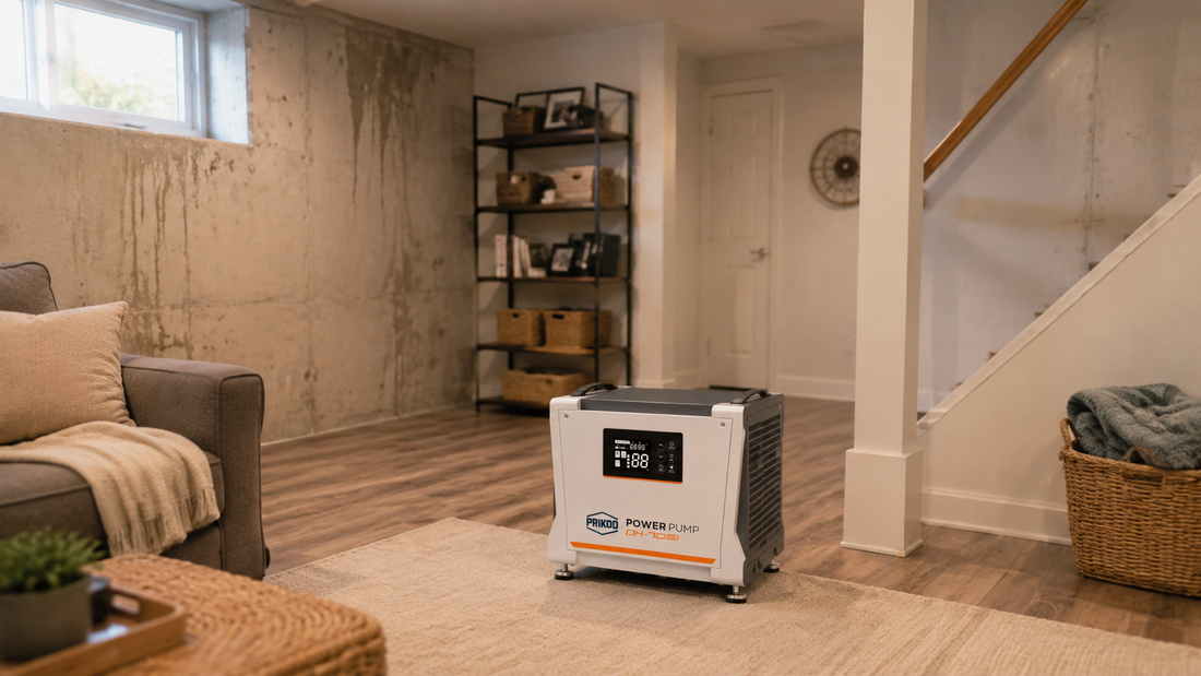 Modern finished basement with portable dehumidifier placed in central open area to reduce indoor dampness and control humidity