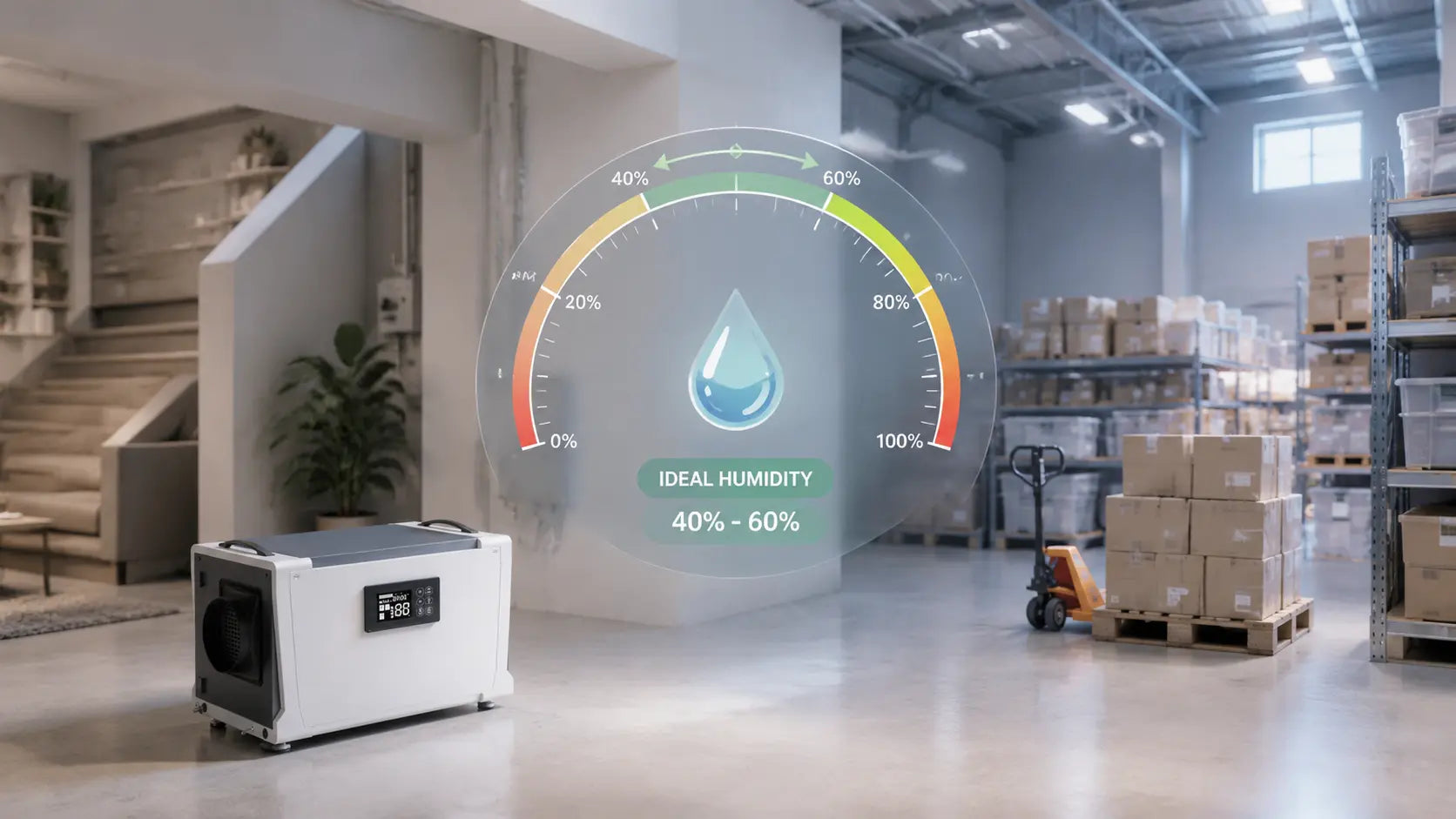 Clean infographic style indoor humidity level guide, showing safe 40-60% RH range for home basement, warehouse and commercial space air quality control
