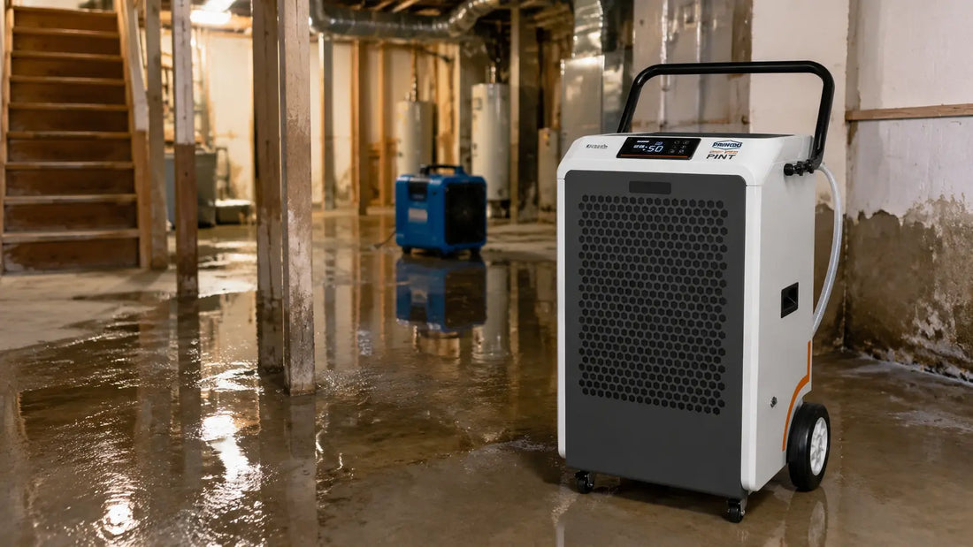 Industrial Dehumidifier for Flood Restoration & Water Damage Cleanup on flooded basement job sites