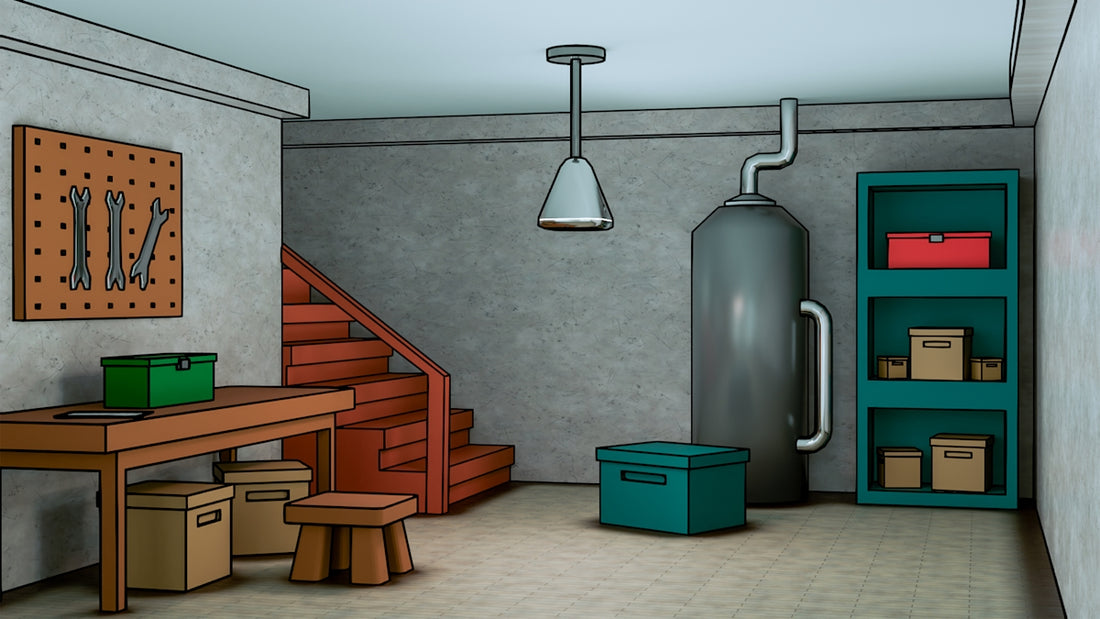 A workshop with tools and storage shelves
