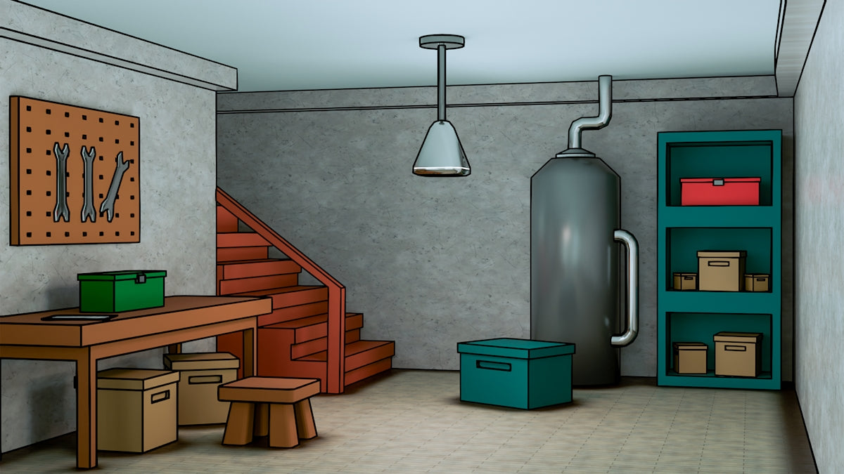 A workshop with tools and storage shelves