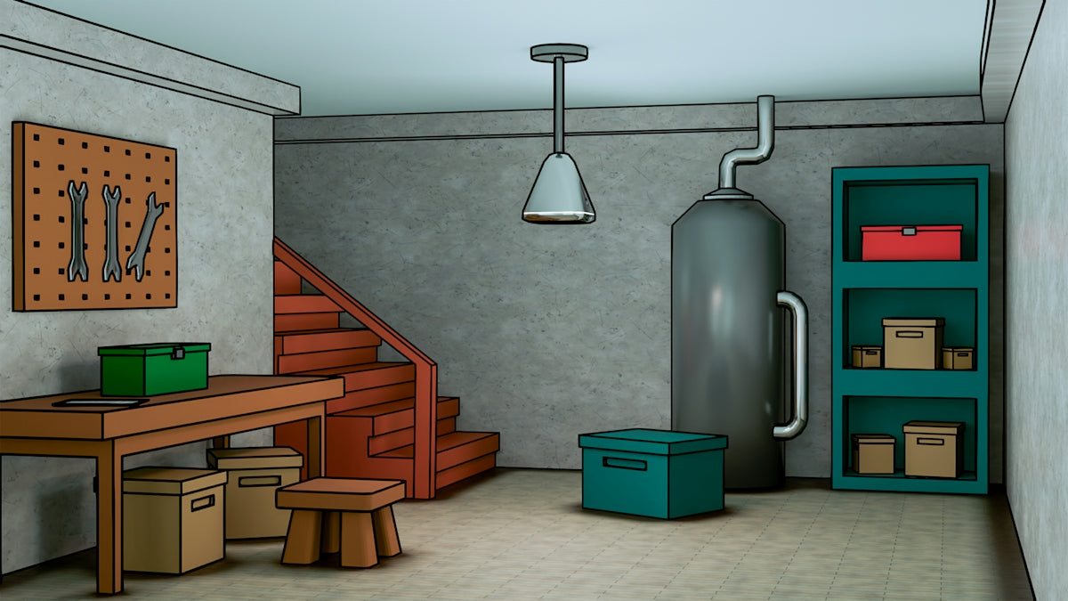 A workshop with tools and storage shelves