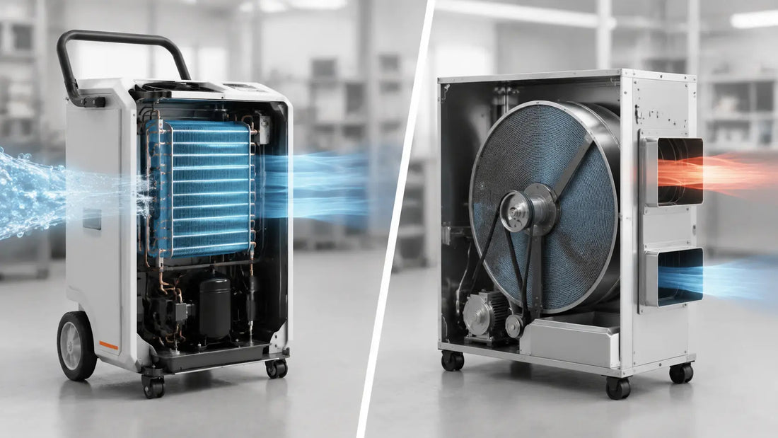 Cutaway comparison graphic showing internal structure of refrigerant compressor dehumidifier and desiccant silica wheel dehumidifier, educational industrial moisture control banner