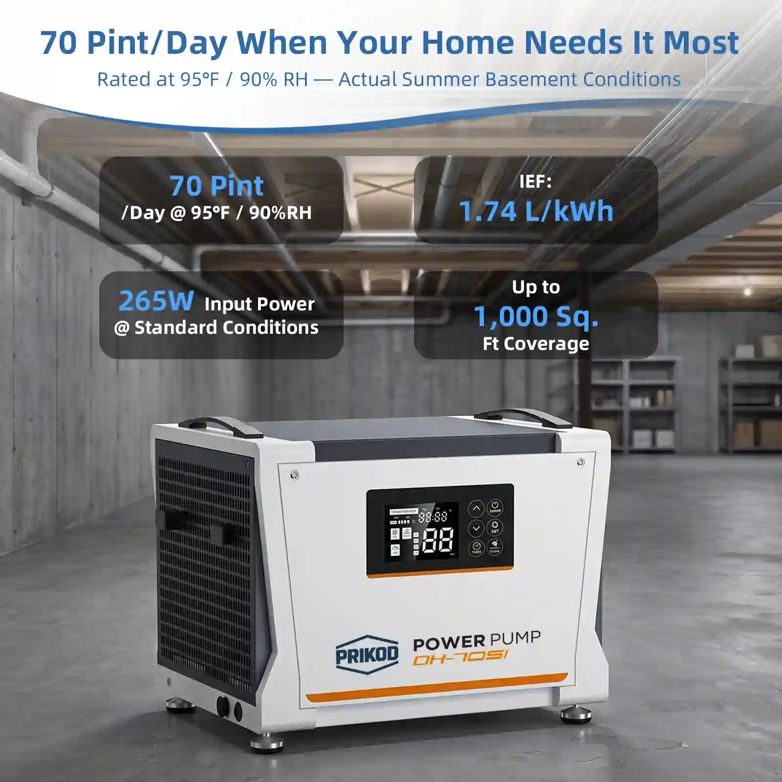 70 Pint Dehumidifier 1000 SQFT AutoDefrost Timer MemoryStart