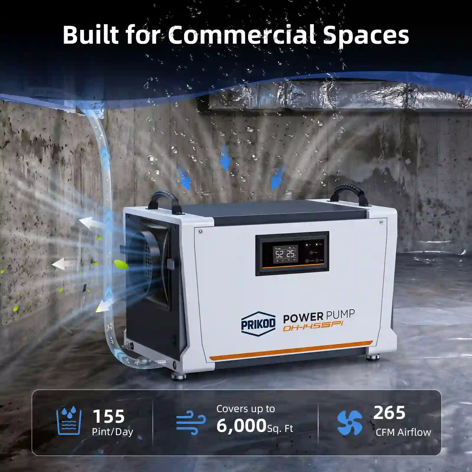 155 Pint Commercial Dehumidifier with Pump, Crawl Space Dehumidifier up to 6,000 Sq. Ft, 265 CFM Industrial-Grade Dehumidifier, Continuous Drain, Auto Defrost, for Basement, Warehouse