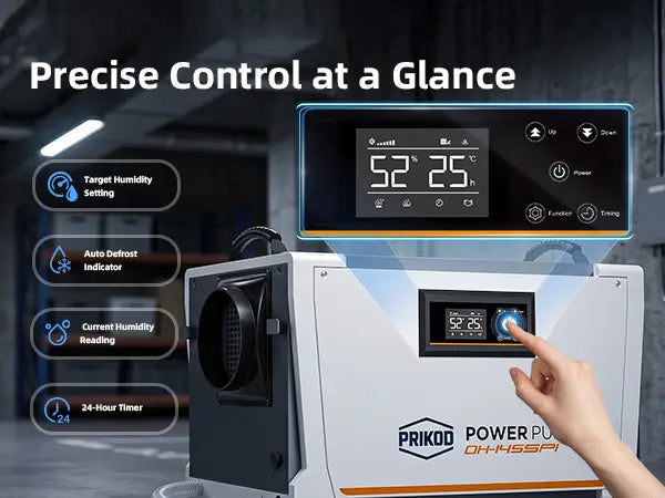 Prikod 145 Pint commercial dehumidifier digital control panel, precise humidity control, auto defrost and 24-hour timer functions