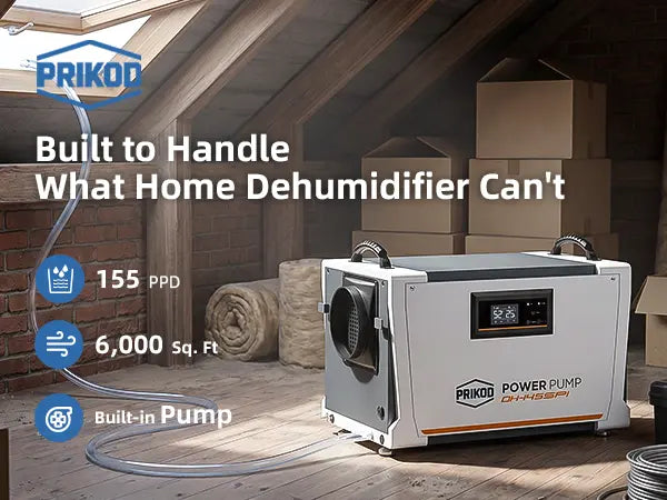 Prikod 155 Pint commercial dehumidifier with built-in pump, industrial moisture control for basements, crawl spaces and warehouses