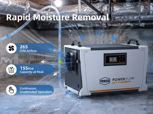 Prikod 155 Pint commercial dehumidifier featuring rapid moisture removal, 265 CFM airflow, continuous unattended operation for crawl spaces