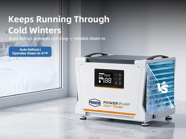 Prikod DH-70 commercial dehumidifier auto defrost system runs stably down to 41°F for cold basement winter use
