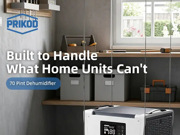Prikod DH-70 compact commercial dehumidifier heavy-duty build for tough damp spaces storage garage basement use