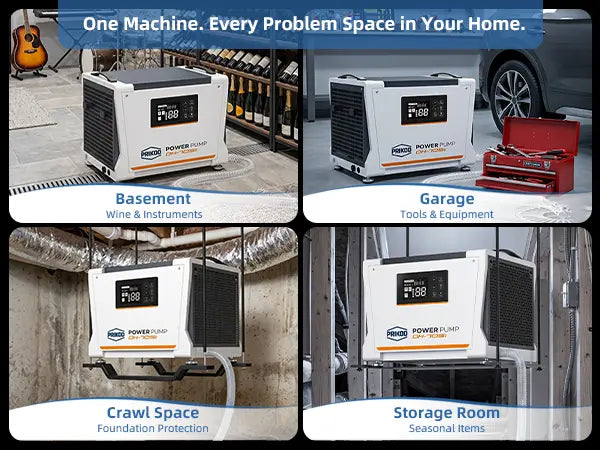 Prikod DH-70 compact commercial dehumidifier works for basement, crawl space, garage and storage room to control damp and mold
