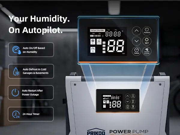 Prikod DH-70 dehumidifier LCD control panel with auto humidity mode, auto defrost, power restart and 24-hour timer

