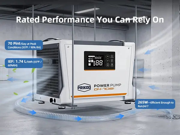 Prikod DH-70 commercial dehumidifier rated 70 pint daily moisture removal low 265W energy efficient continuous drainage
